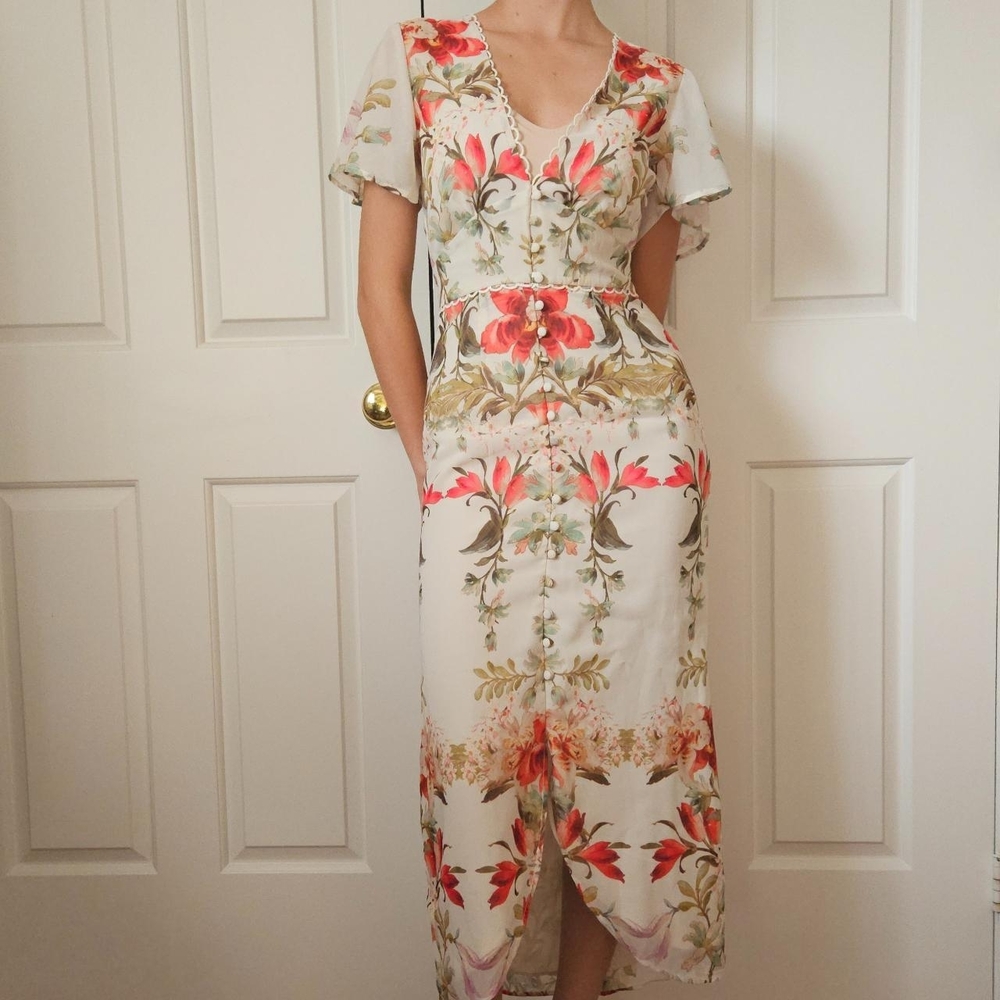 Hope And Ivy Floral Midi Dress with Flutter Sleeves